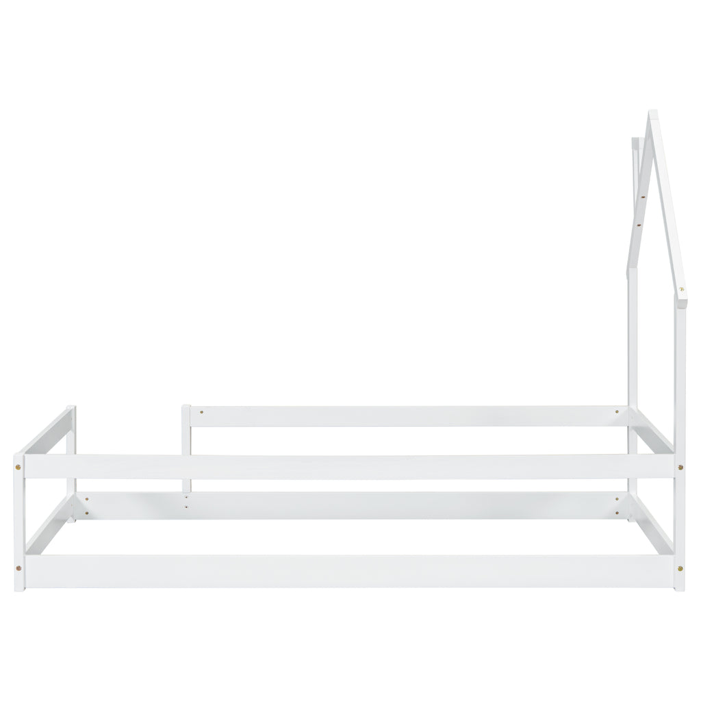 Leoglint Twin Size Wood bed frame with House-shaped Headboard Floor bed with Fences,White