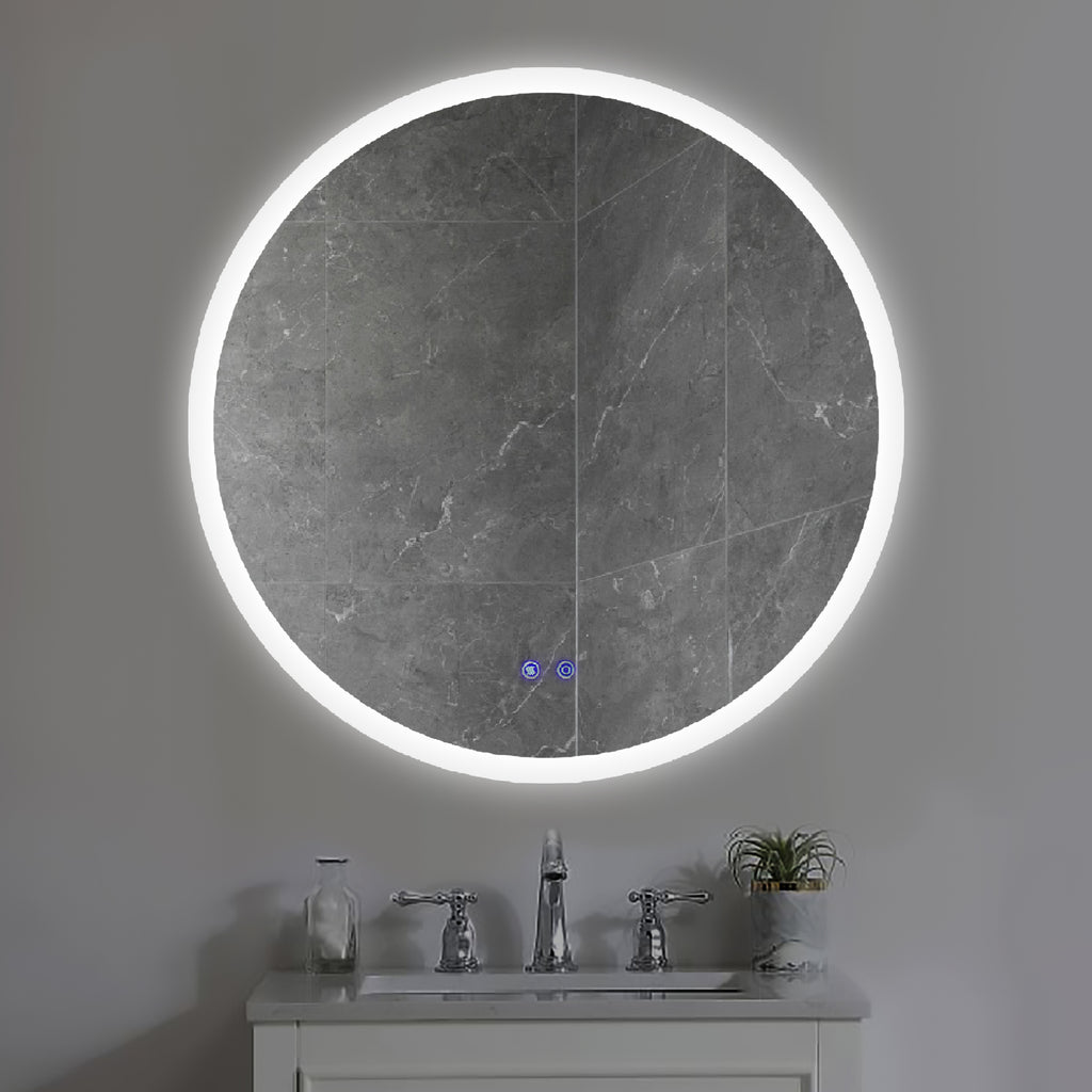 Leoglint 32 x 32 Inch Round Frameless LED Illuminated Bathroom Mirror, Touch Button Defogger, Metal, Silver