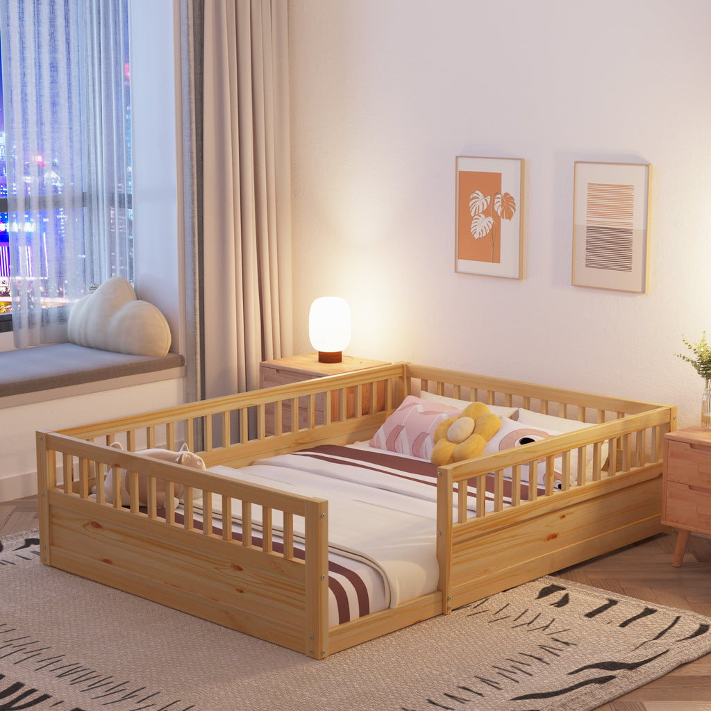 Leoglint Full Floor Bed Frame with Fence, Wood Kids Floor Beds Frame for Bedroom Playroom,Natural(Expect arrive date Jul. 10th)