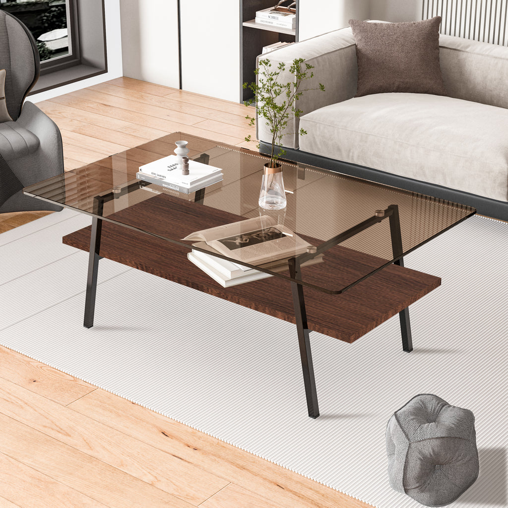 Leoglint Rectangle Coffee Table, Tempered Glass Tabletop with Black Metal Legs, Modern Table for Living Room , Brown Glass