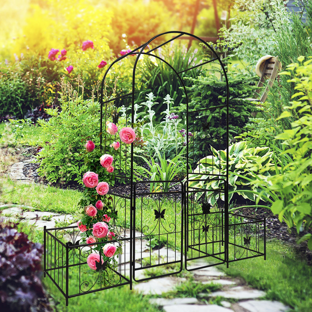 Leoglint Metal Garden Trellis with Gate 79.5'' Wide x 86.6'' High Climbing Plants Support Rose Arch Outdoor Black