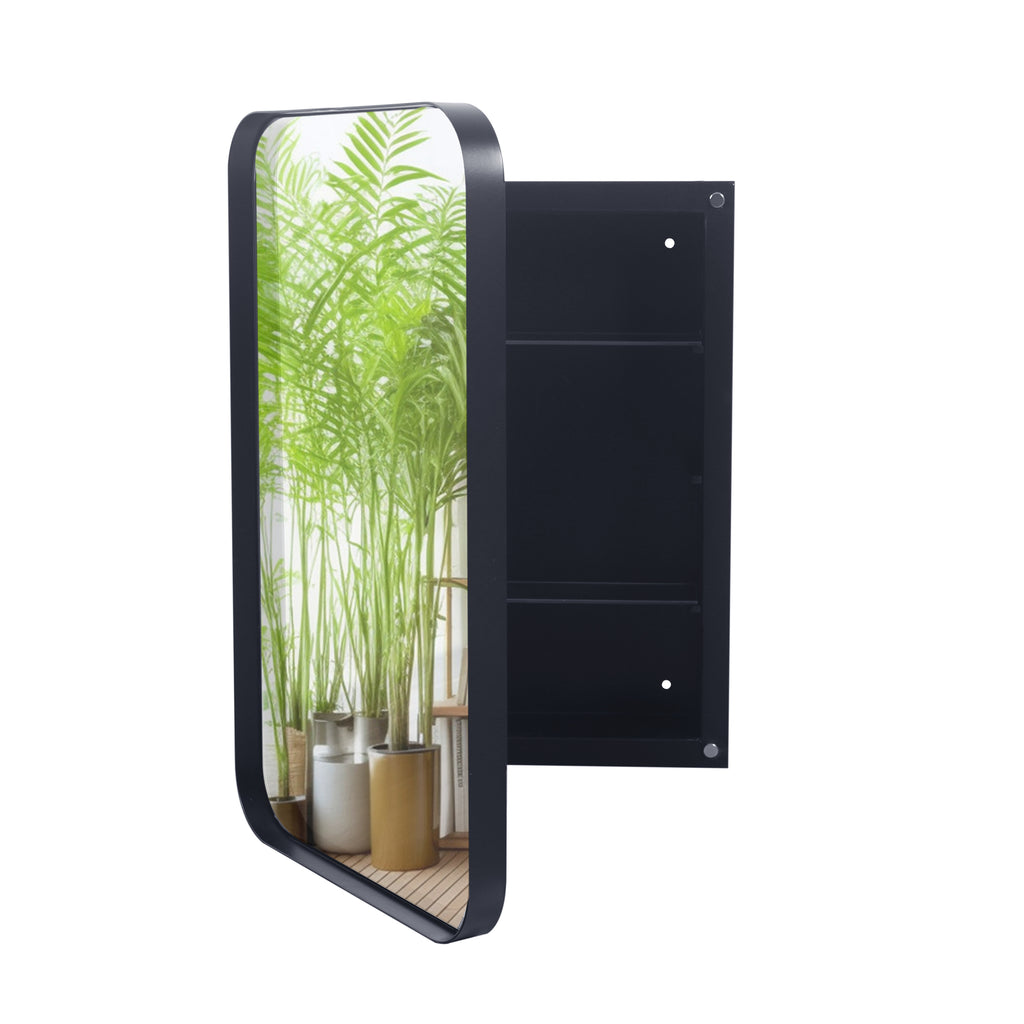 Leoglint 16x24 Inch Recessed Black Metal Framed Medicine Cabinet with Mirror and Adjustable Shelves Black Wall Mirror with Storage for Bathroom