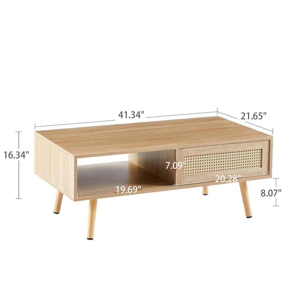 Leoglint 41.34" Rattan Coffee table, sliding door for storage, solid wood legs, Modern table  for living room , natural