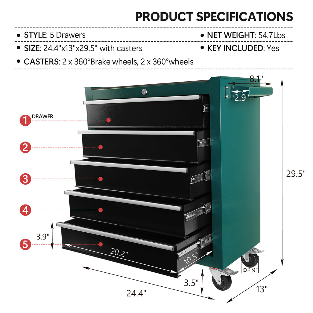 Leoglint 5-Drawers Rolling Tool Chest,Tool Cabinet on Wheels with Keyed Locking System and Drawer Liners,Tool Chest with Link Buckle and can be Combined to Large Cabinet Set,for Warehouse,Garage