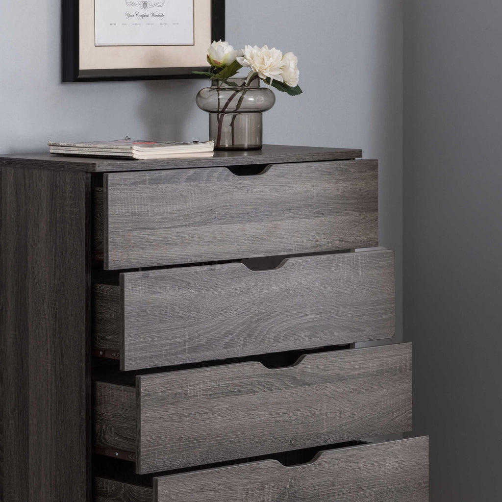 Leoglint Modern grey five drawer chest,clothes and storage chest faux wood grain and metal drawer glides