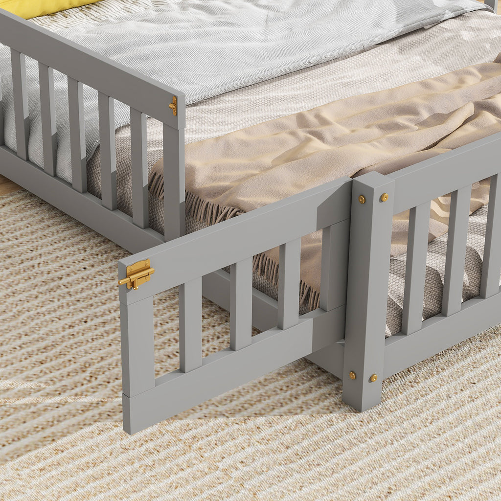 Leoglint Bed Frame Full House-Shaped Headboard Floor Bed with Fence ,Grey