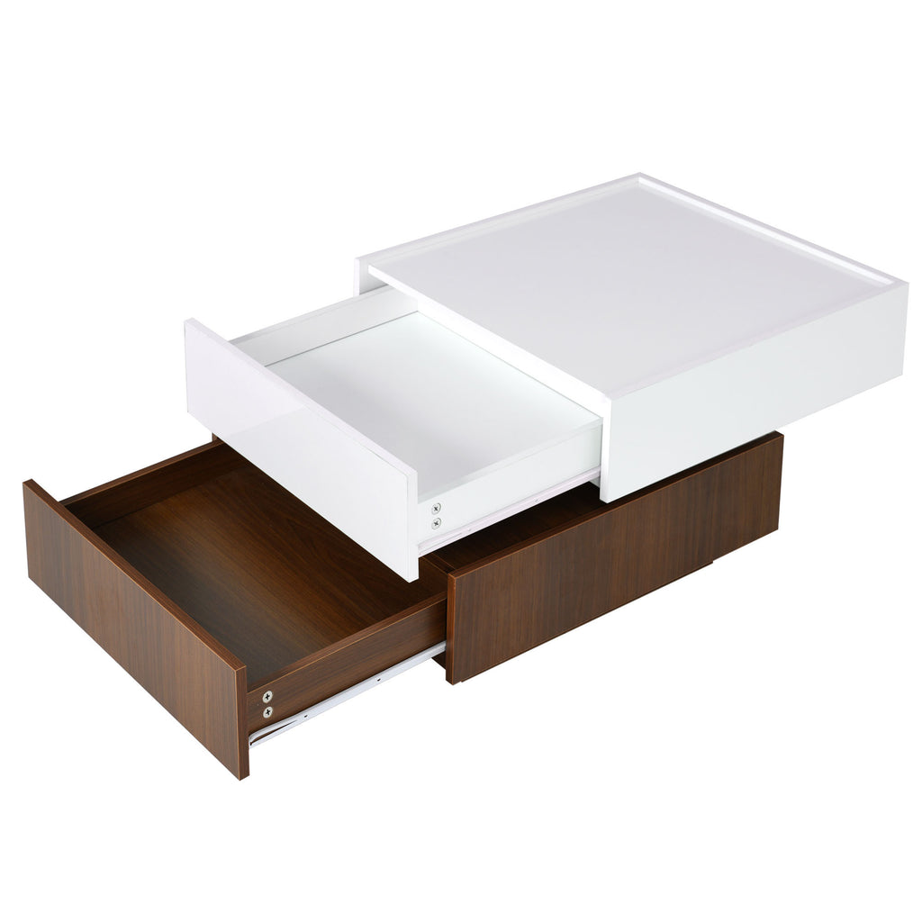 Leoglint [VIDEO provided] ON-TREND Square 360°Rotating Coffee Table with 2 Drawers, High Gloss 2-Tier Center Table with Swivel Tabletop and Storage, Walnut Table Frame Side Table for Living Room, White