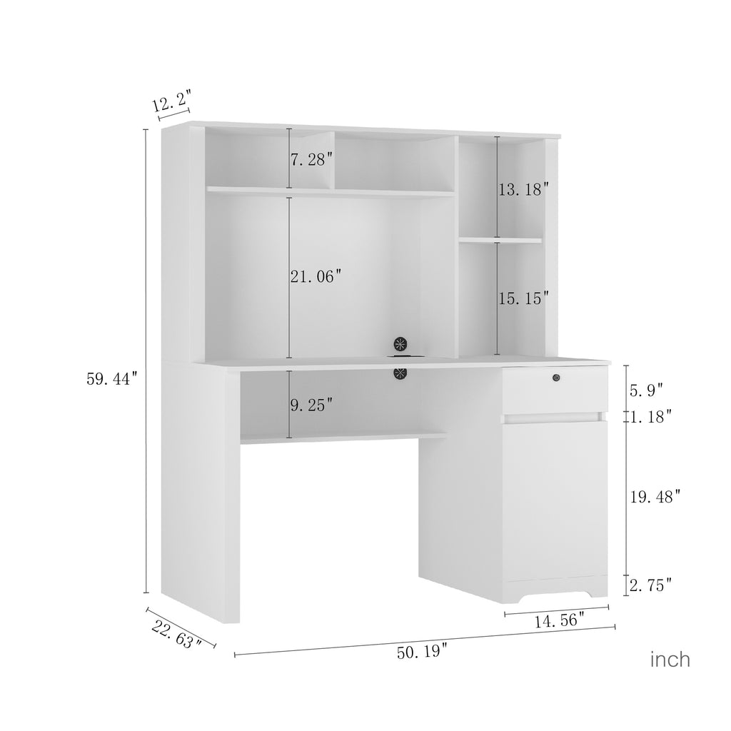 Leoglint Computer Desk with Hutch & Bookshelf,Wood Executive Desk Teens Student Desk Writing Laptop Home Office Desk with Drawers,3 AC Outlets and 2 USB Charging Ports,Study Laptop Table for Home