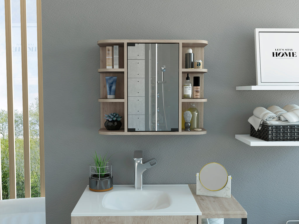 Leoglint Milan Medicine Cabinet, Six External Shelves Mirror, Three Internal Shelves -Light Gray