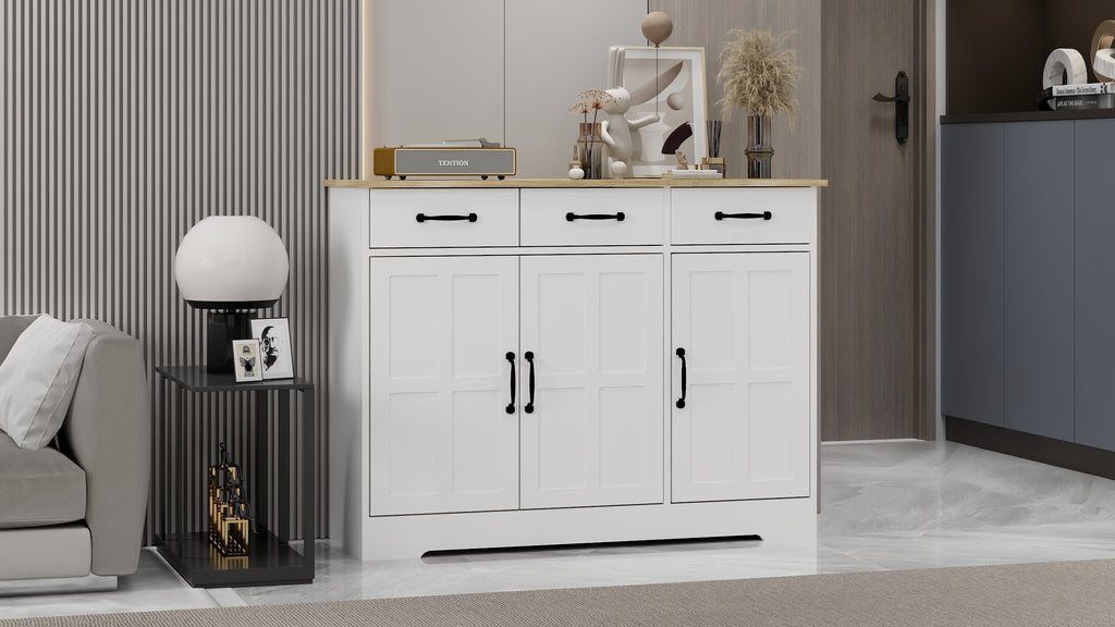 Leoglint Farmhouse Buffet Cabinet Storage Sideboard with 3 Drawers and 3 Doors for Dining Living Room Kitchen Cupboard-White