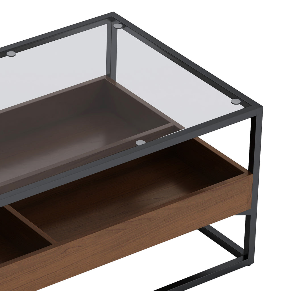 Leoglint 47.24"Rectangle Glass Coffee Table with storage shelf and metal table legs , Home Furniture for Living Room