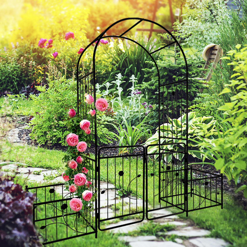 Leoglint Metal Garden Trellis with Gate 79.5'' Wide x 86.6'' High Climbing Plants Support Rose Arch Outdoor Black