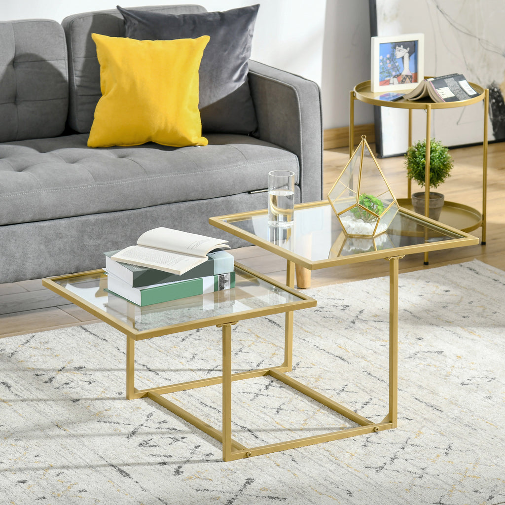 Leoglint Coffee Table, Tempered Glass Coffee Table with 2 Square Tabletops, Modern Coffee Tables for Living Room, Bedroom, Gold