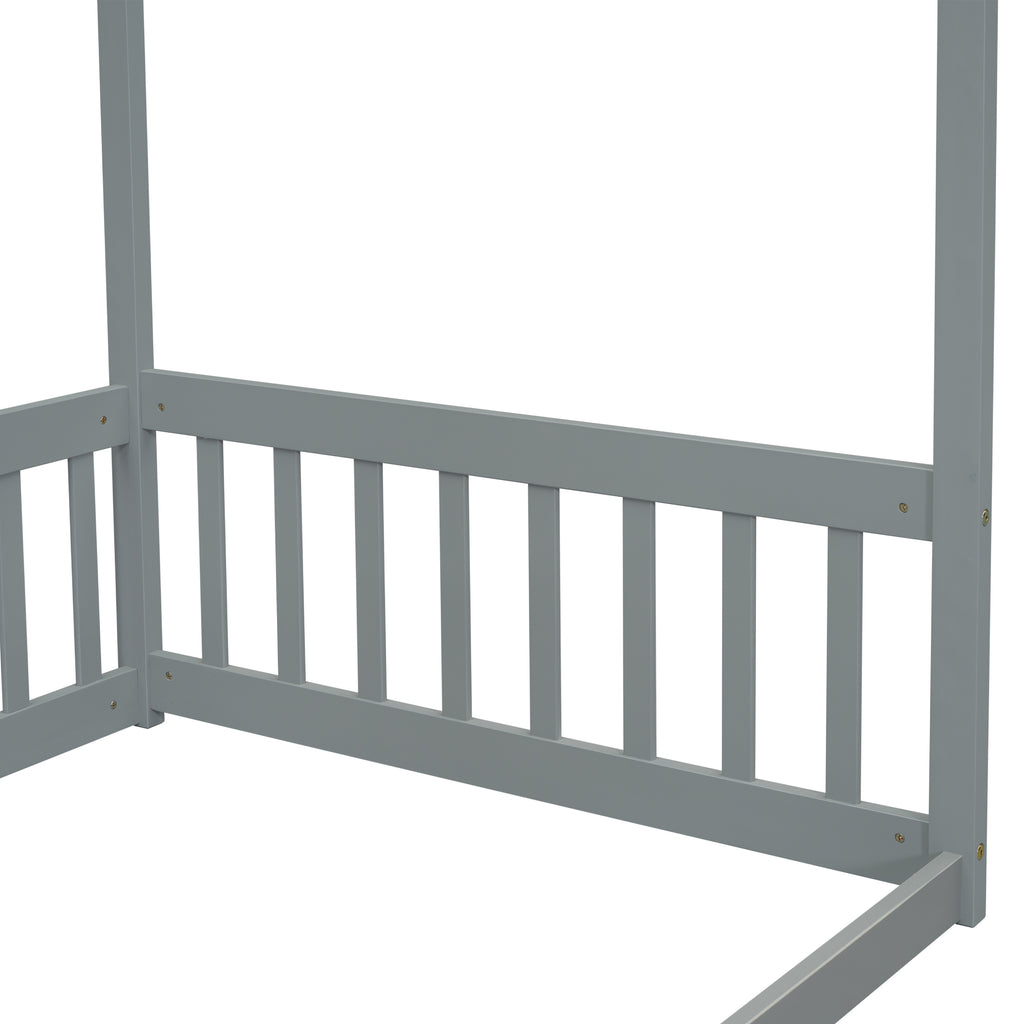 Leoglint Twin Size Canopy Frame Floor Bed Frame with Fence, Guardrails,Grey