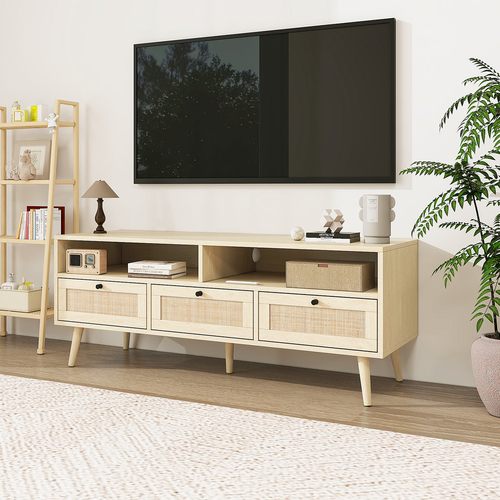 Leoglint Rattan TV Stand with Solid Wood Feet, TV Console Table for Living Room, Natural