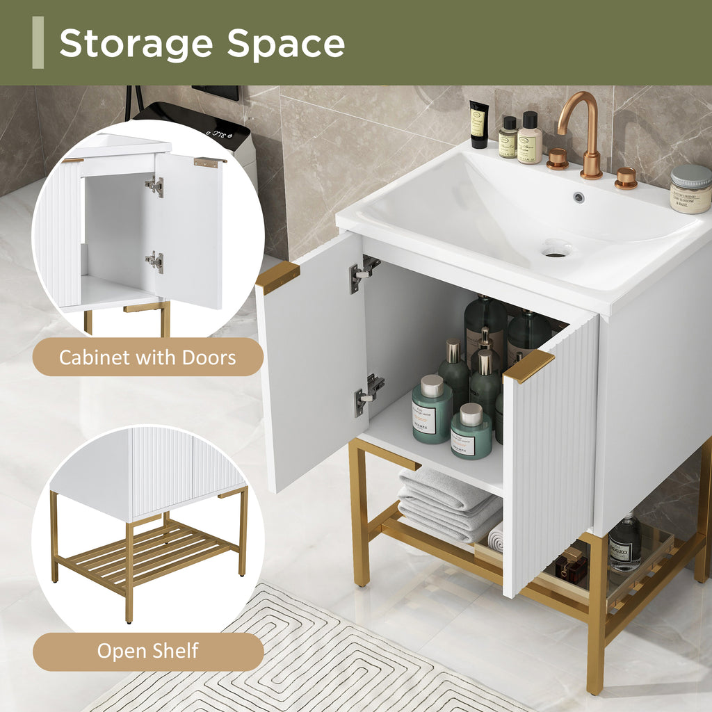 Leoglint 24" Bathroom Vanity with Sink, Bathroom Vanity Cabinet with Two Doors and Gold Metal Frame, Open Storage Shelf, White