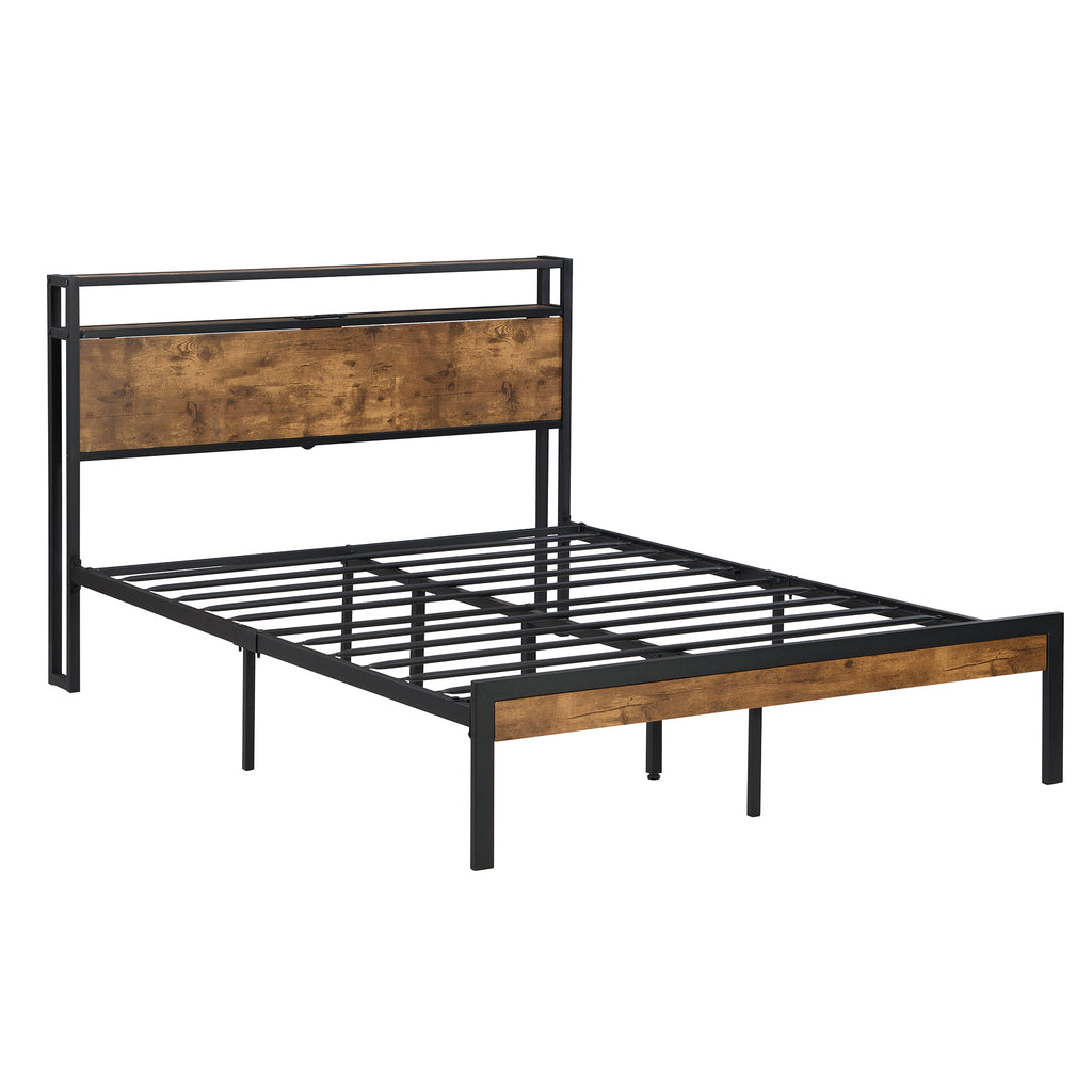 Leoglint King Size Metal Platform Bed Frame with Wooden Headboard and Footboard with USB LINER, No Box Spring Needed, Large Under Bed Storage, Easy Assemble