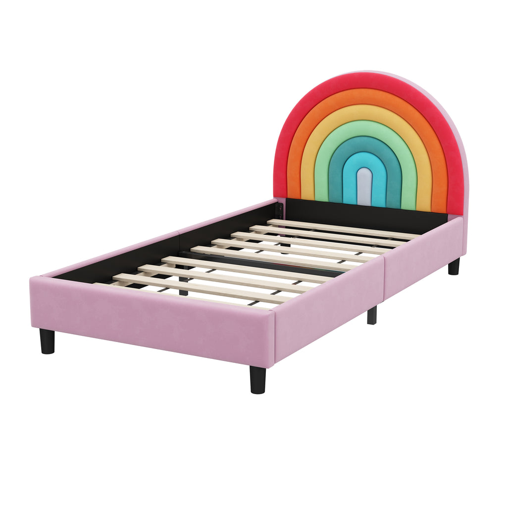 Rainbow Design Upholstered Twin Platform Bed Frame Cute Style Princess Bed for Boys & Girls, Teens, Colorful & Pink