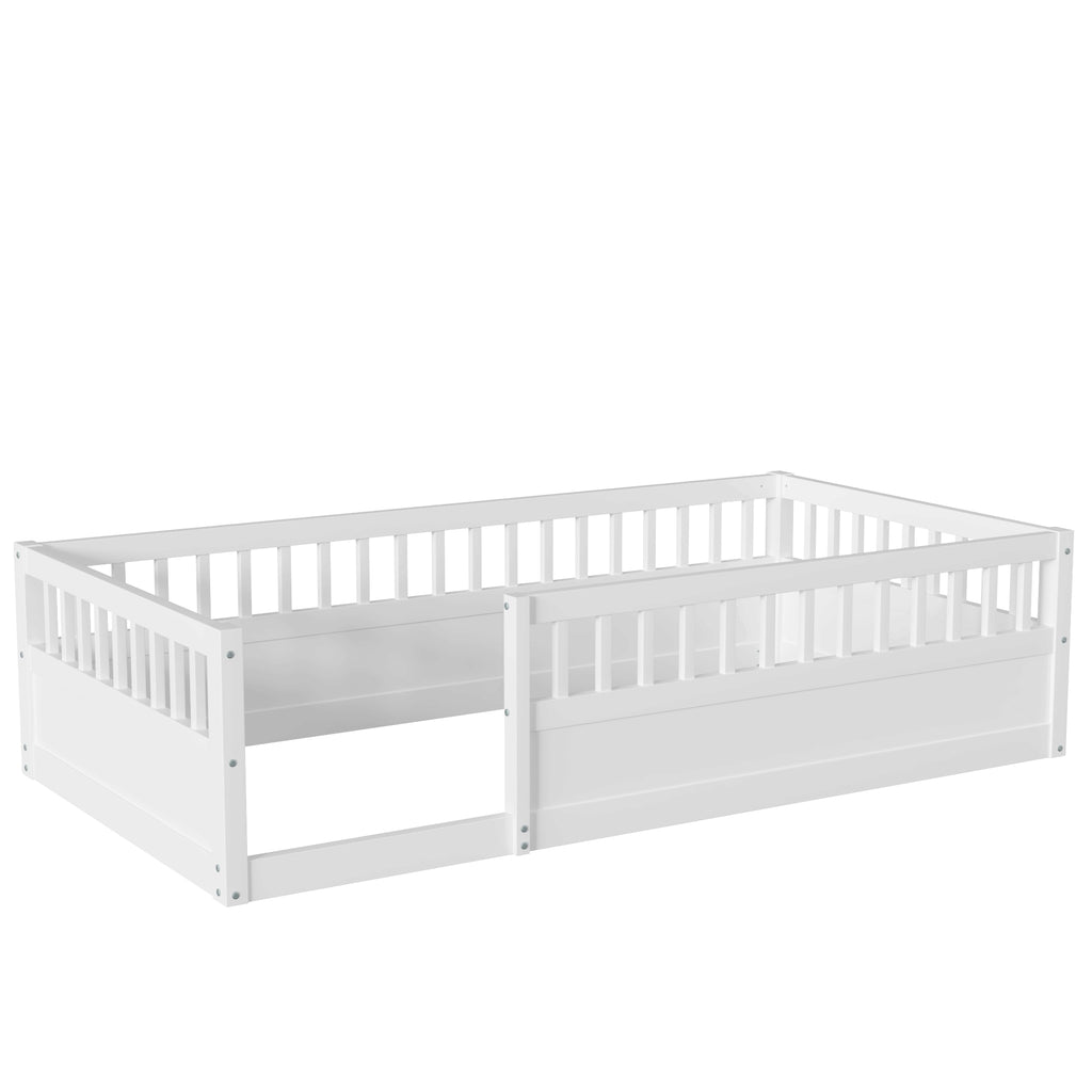 Twin Floor Bed Frame with Fence, Wood Kids Floor Beds Frame for Bedroom Playroom,White(Expect arrive date Jun. 21st)