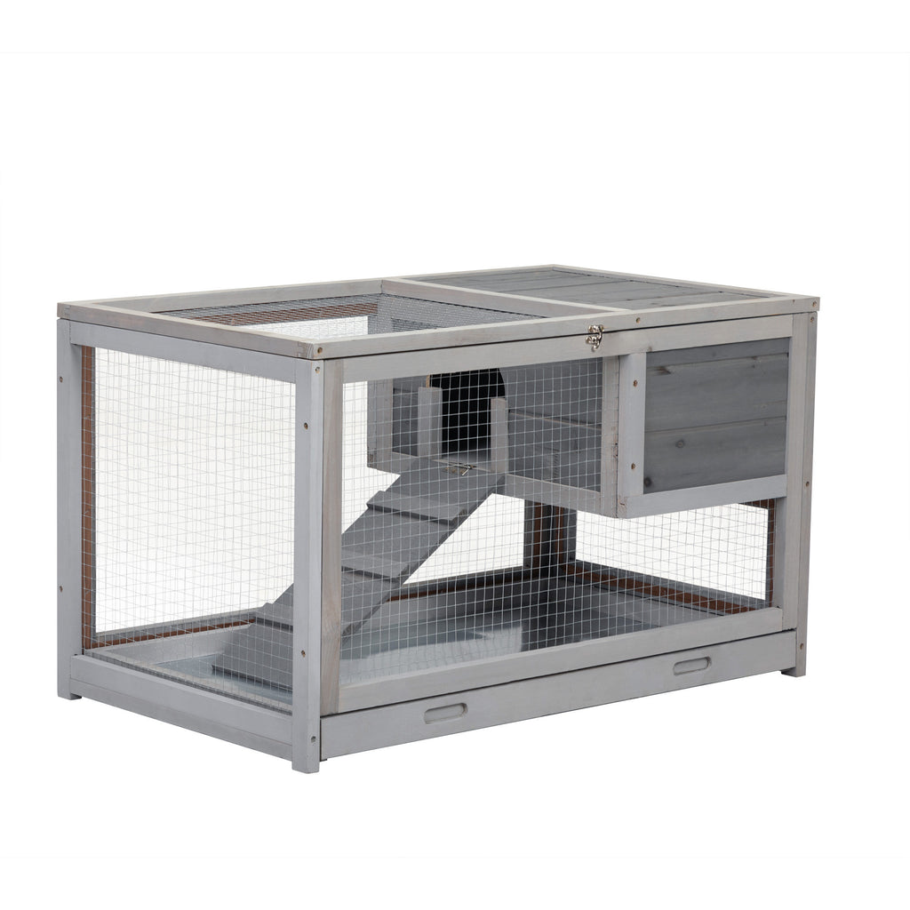 Leoglint 2-story Wooden Rabbit Cage, Bunny Hutch with Ladder, Openable Roof and Removable Tray, Gray