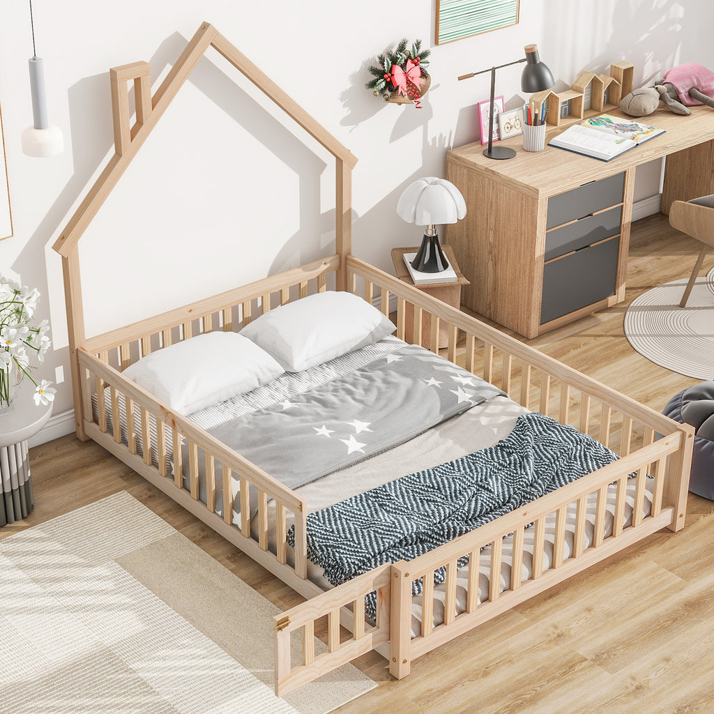 Leoglint Bed Frame Full House-Shaped Headboard Floor Bed with Fence,Natural