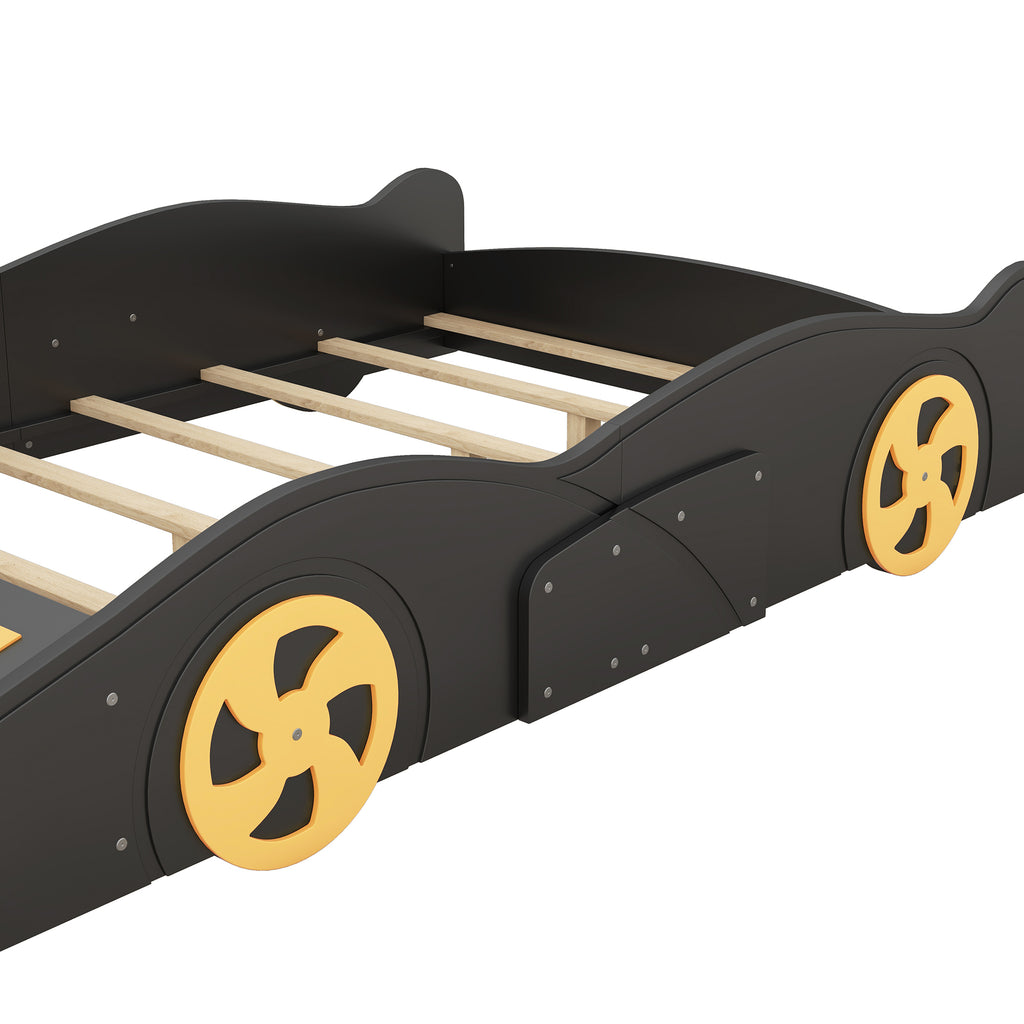 Leoglint Full Size Race Car-Shaped Platform Bed with Wheels and Storage, Black+Yellow