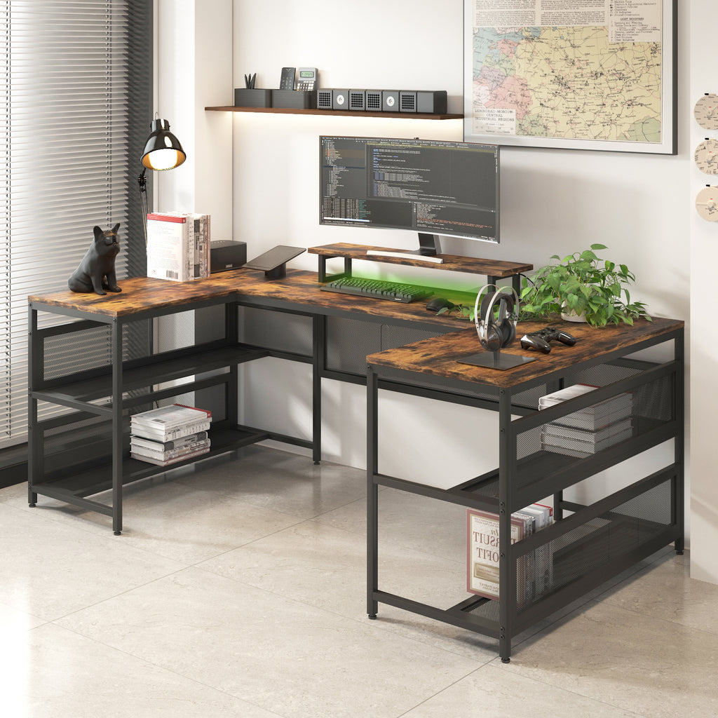 Leoglint U-shaped Office Desk with Shelve and LED lights