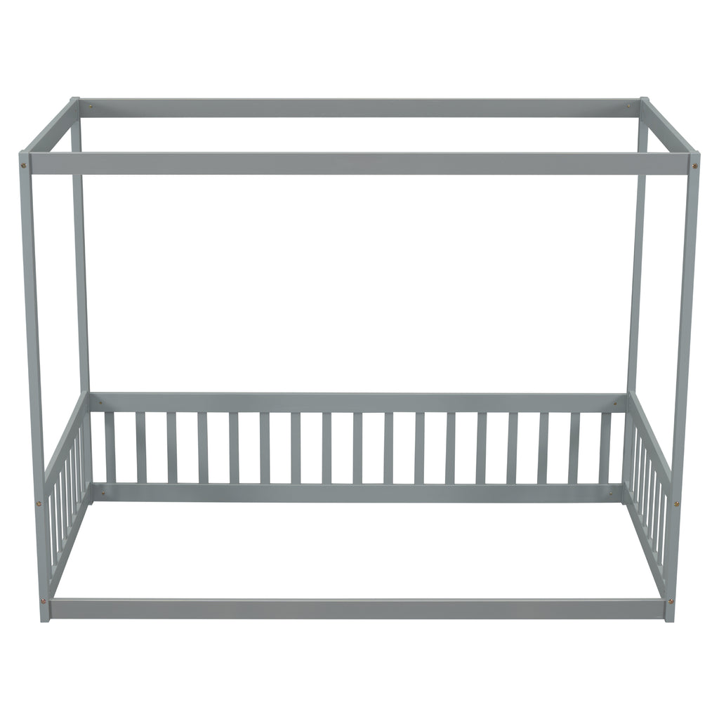 Leoglint Twin Size Canopy Frame Floor Bed Frame with Fence, Guardrails,Grey