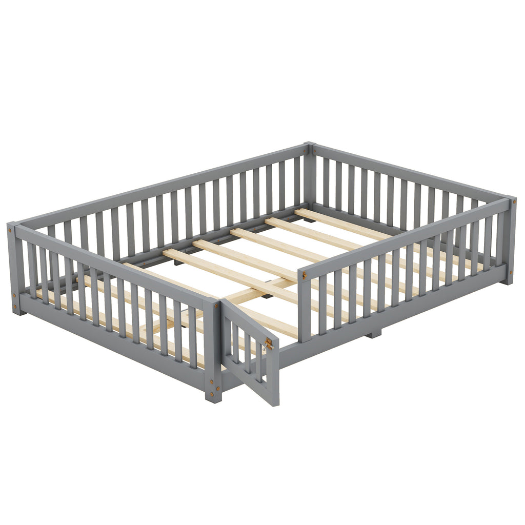 Leoglint Full Size Bed Floor Bed Frame with Safety Guardrails and Door for Kids, Gray(Old SKU: W158090691)