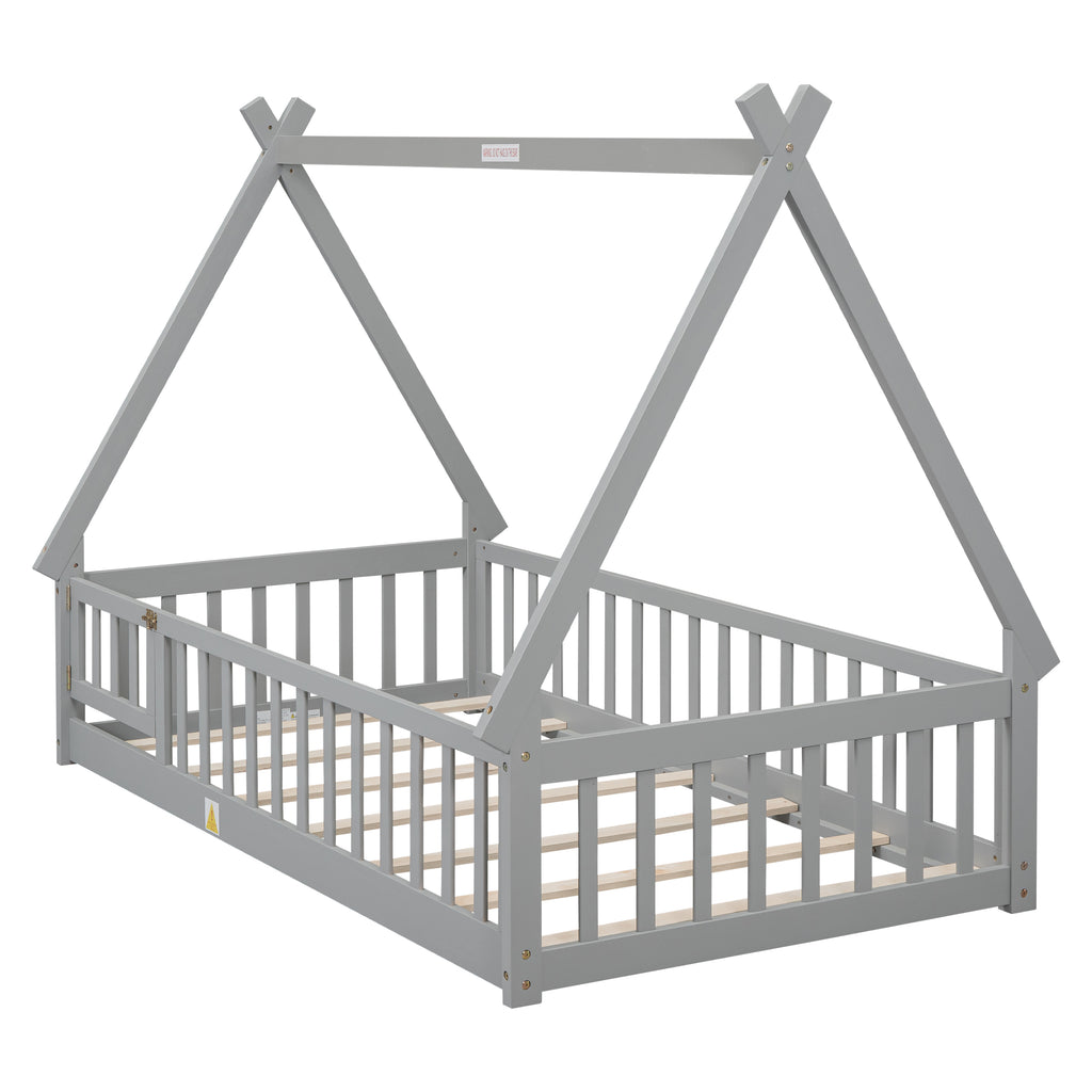 Leoglint Twin Tent-shaped Floor Bed Frame, with Guardrails, Slats, Door ,Grey