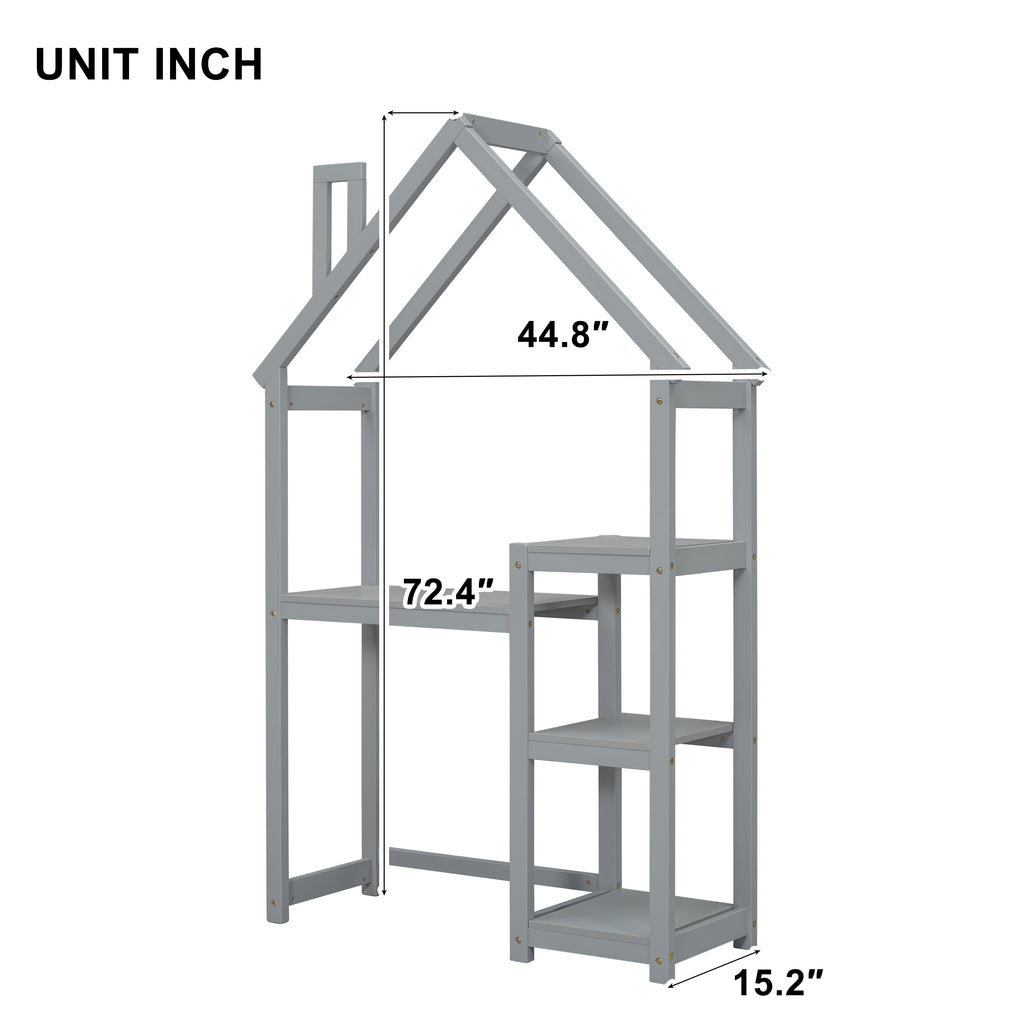 Leoglint House-shaped Wooden writing Desk,Kids study Table,Bookshelf & Toy Storage,Grey