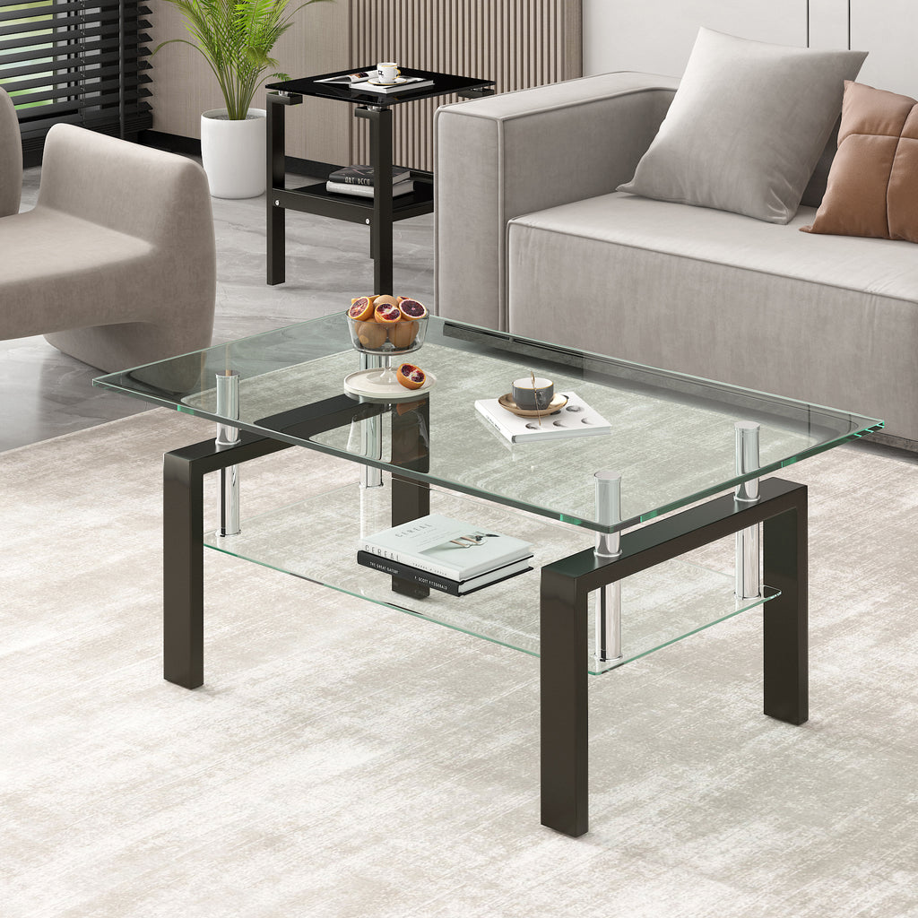 Leoglint Tempered Clear Glass Coffee Table, 2-Layers Coffee Table Living Room Center Table