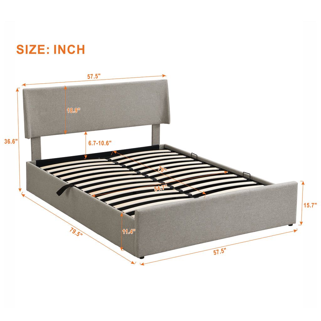 Leoglint Full Size Sleigh Bed Frame with Side-Tilt Hydraulic Storage System, Linen Upholstery, Gray