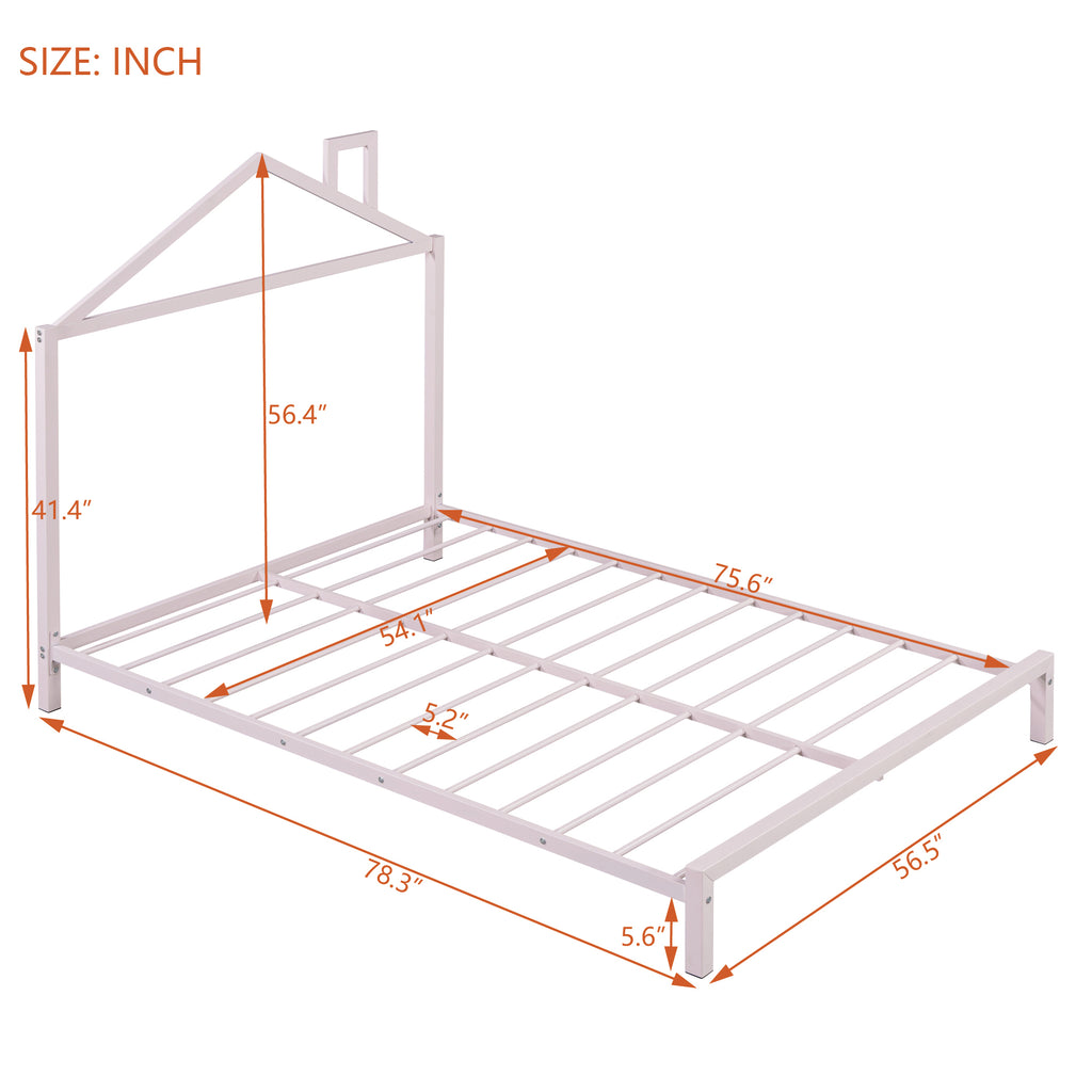 Leoglint Bed Frame Full Size Metal Platform Bed with House-Shaped Headboard Design, Pink