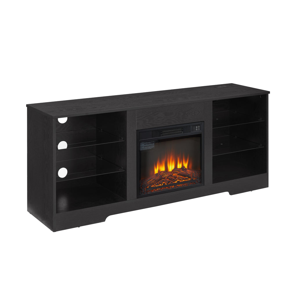 Leoglint TV Stand Electric Fireplace TV Stand with Glass Shelves, 3D Fireplace TV Stand with LED Lights Wood with USB Charging Outlet Modern Television Table Center for TV up to 32-62" Black 58''W*15.5''D*24.4