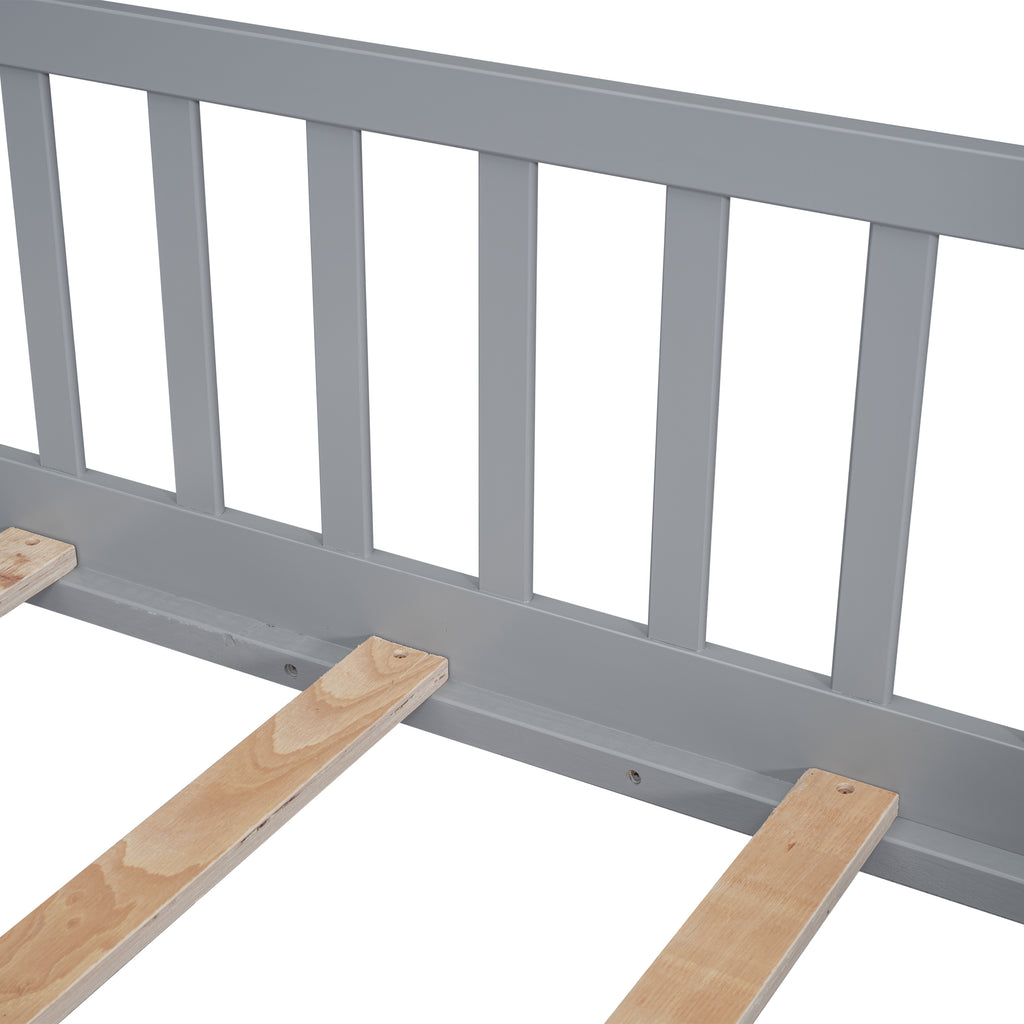 Twin House-Shaped Bedside Floor Bed Frame with Guardrails, Slats, with Door,Grey