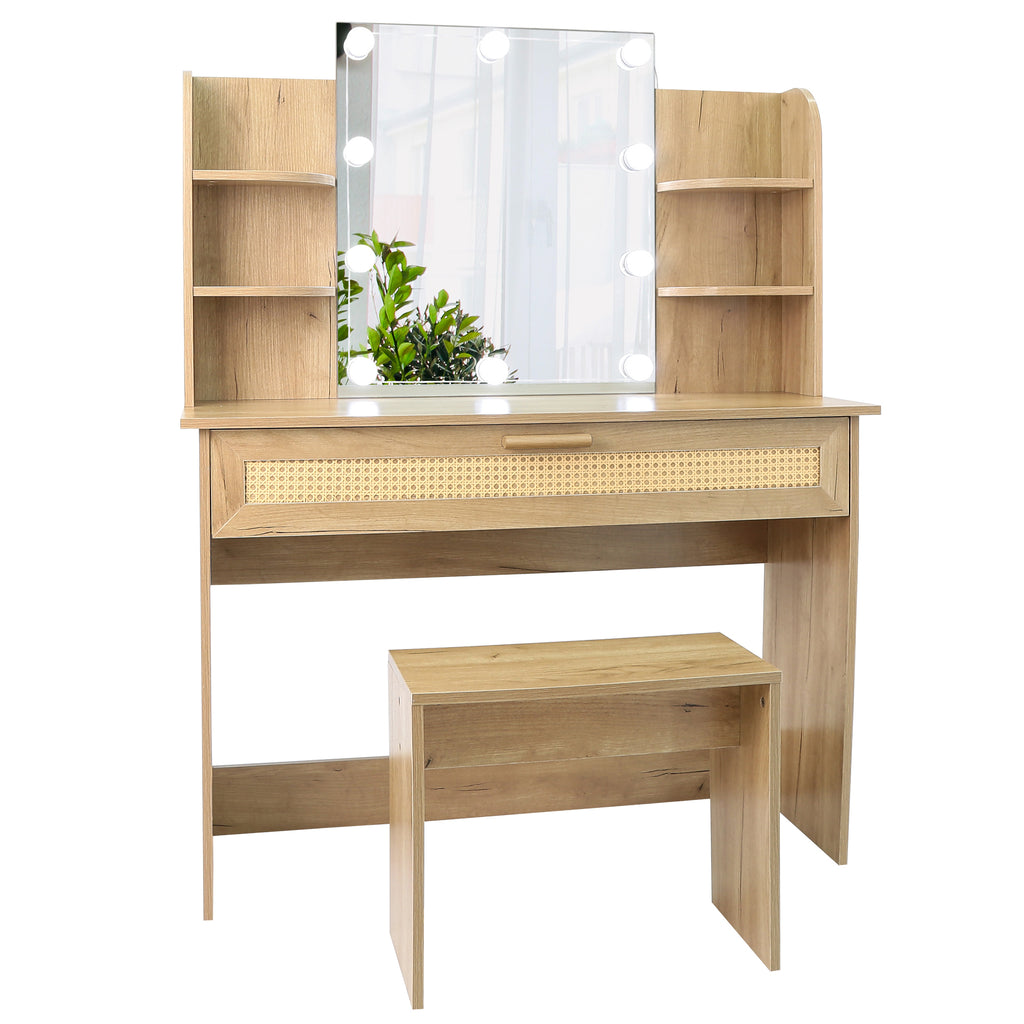 Leoglint Drawer Chest Vanity Desk Set Stool & Dressing Table with LED Lighting Mirror Drawer and Compartments Modern Wood Cosmetic Table Chest of Drawers Nature Color