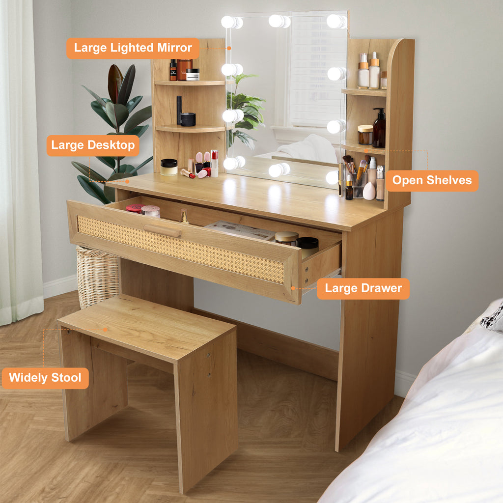 Leoglint Drawer Chest Vanity Desk Set Stool & Dressing Table with LED Lighting Mirror Drawer and Compartments Modern Wood Cosmetic Table Chest of Drawers Nature Color