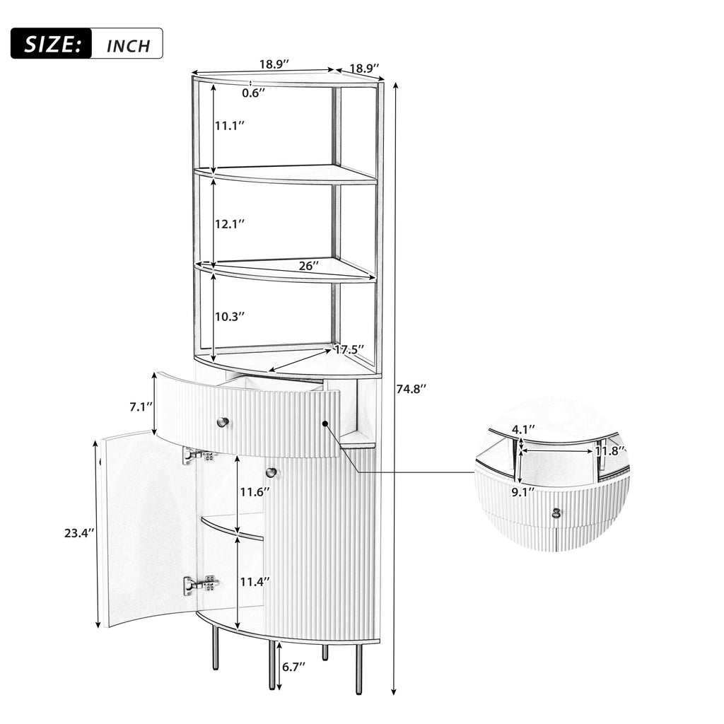 Leoglint 74.8" Tall Modern Corner Bookshelf,Fan-Shaped bookcase with 1 Drawer and 2 Doors ,Wooden Standing Corner Shelf with Gold Metal Frame for Living Room,Home Office,White