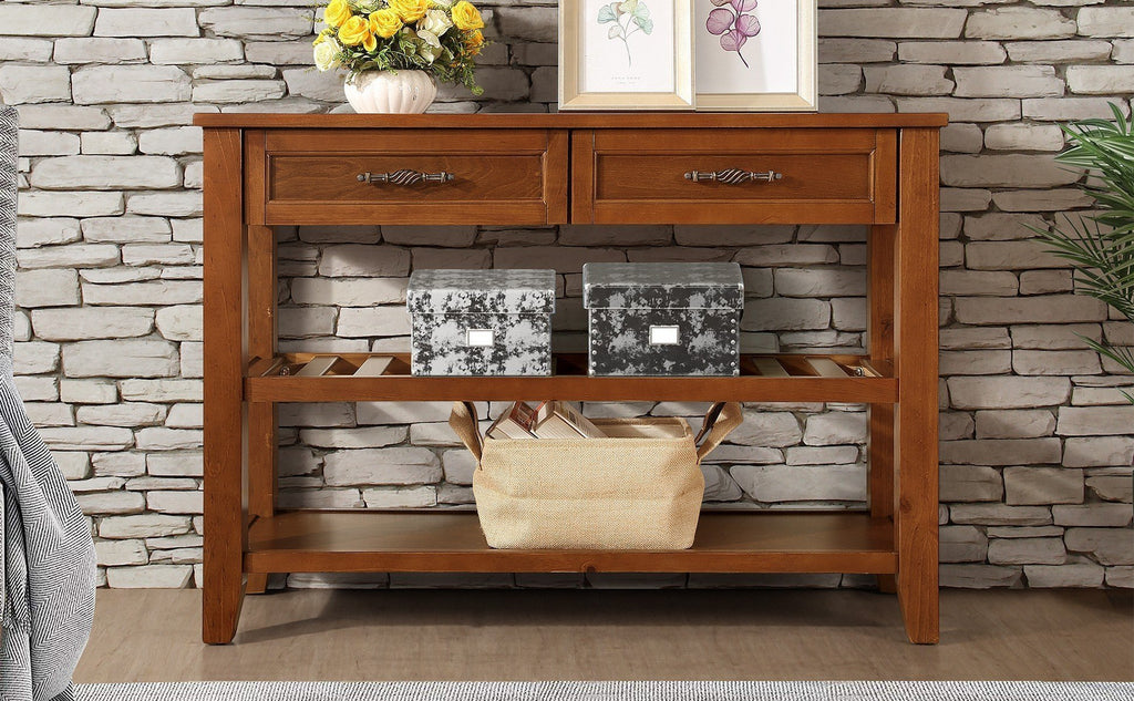 Leoglint Console Sofa Table with 2 Storage Drawers and 2 Tiers Shelves, Mid-Century Style 42'' Solid Wood Buffet Sideboard for Living Room Furniture Kitchen Dining Room Entryway Hallway, Brown