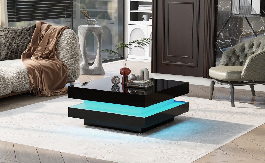 Leoglint ON-TREND High Gloss Minimalist Design with LED Lights, 2-Tier Square Coffee Table, Center Table for Living Room, 31.5''x31.5''x14.2'',Black