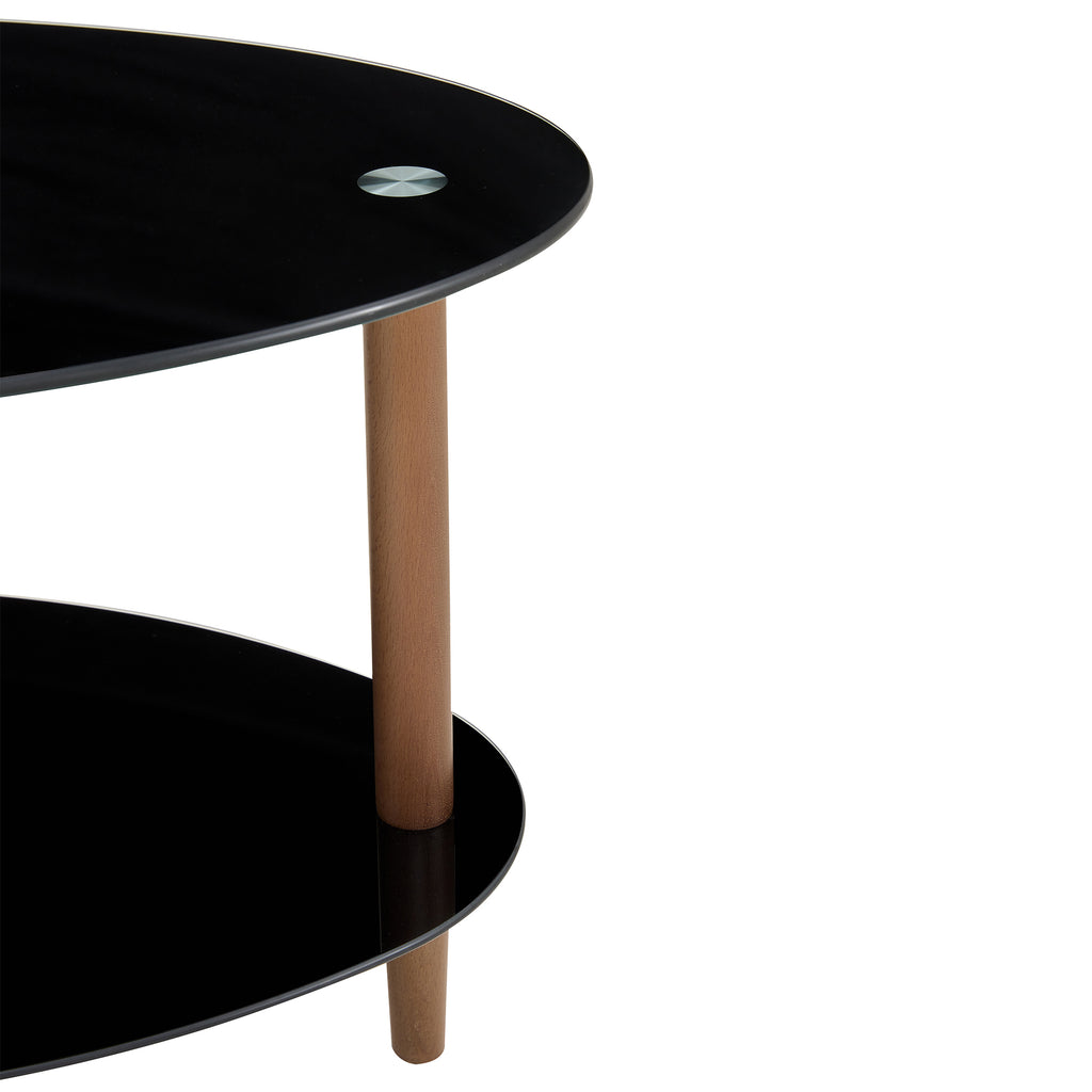 Leoglint Black Oval glass coffee table, modern table in living room Oak wood leg tea table 3-layer  tempered glass table