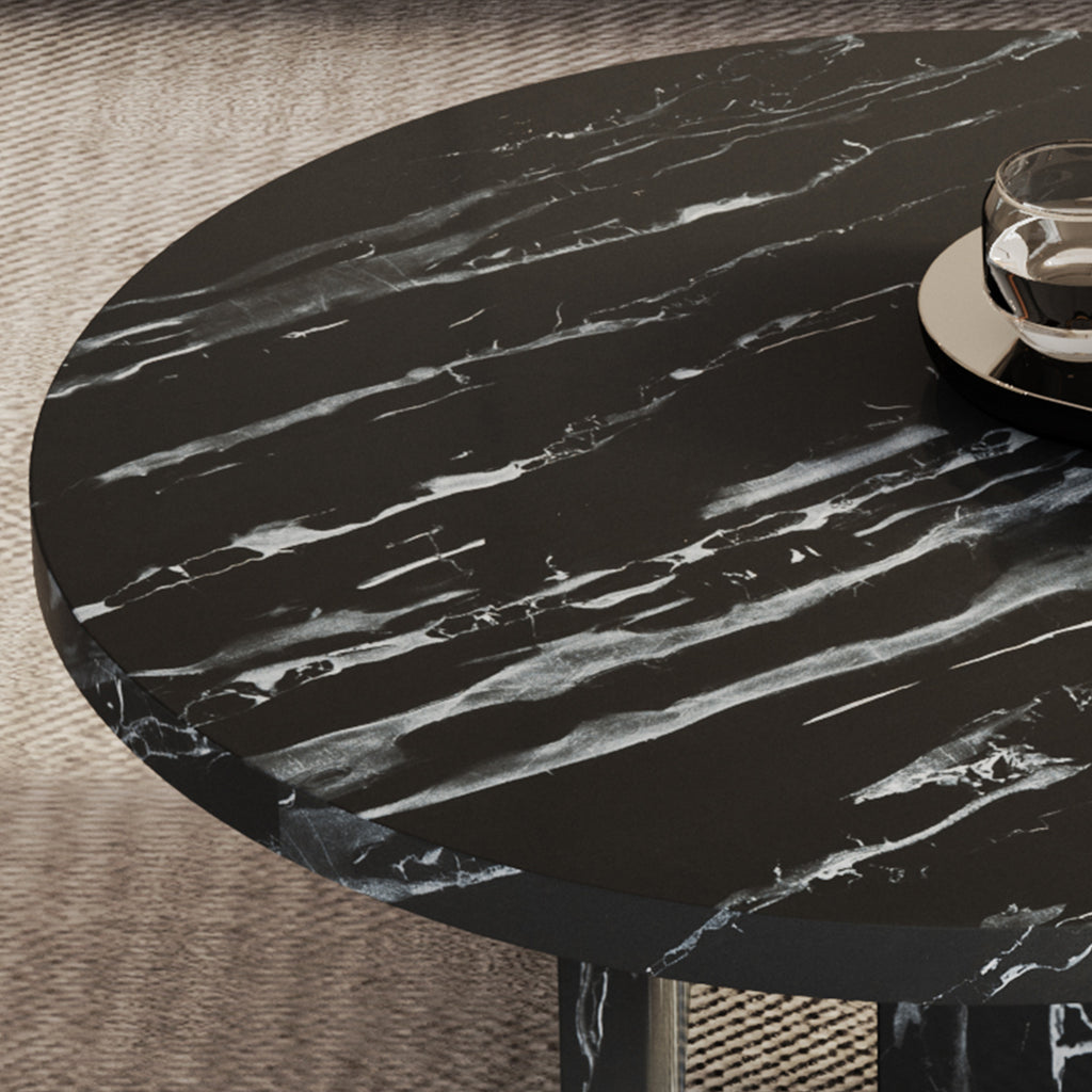 Leoglint Black MDF material circular coffee table with texture, 31.4 inch black middle table, modern tea table, suitable for small spaces, living room.