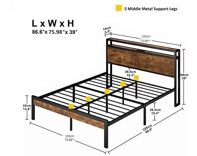 Leoglint King Size Metal Platform Bed Frame with Wooden Headboard and Footboard with USB LINER, No Box Spring Needed, Large Under Bed Storage, Easy Assemble