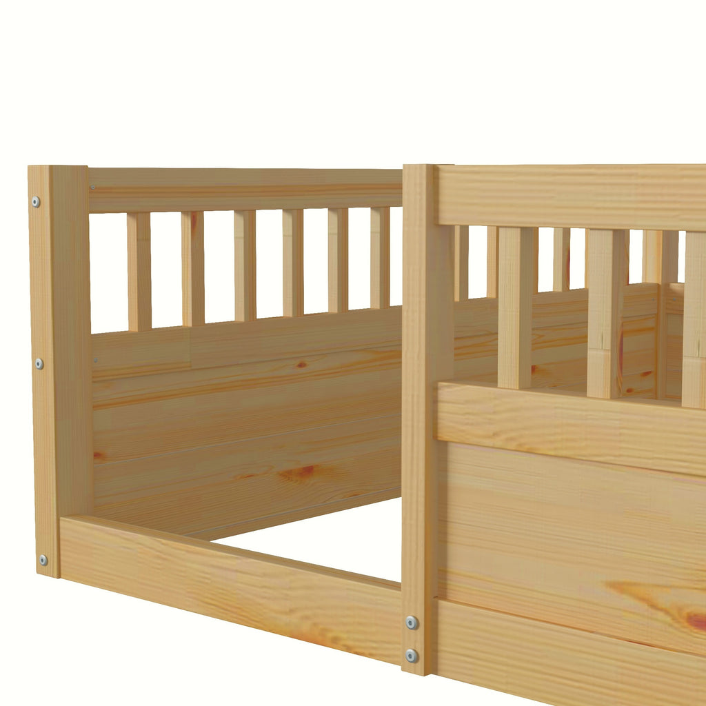 Leoglint Full Floor Bed Frame with Fence, Wood Kids Floor Beds Frame for Bedroom Playroom,Natural(Expect arrive date Jul. 10th)