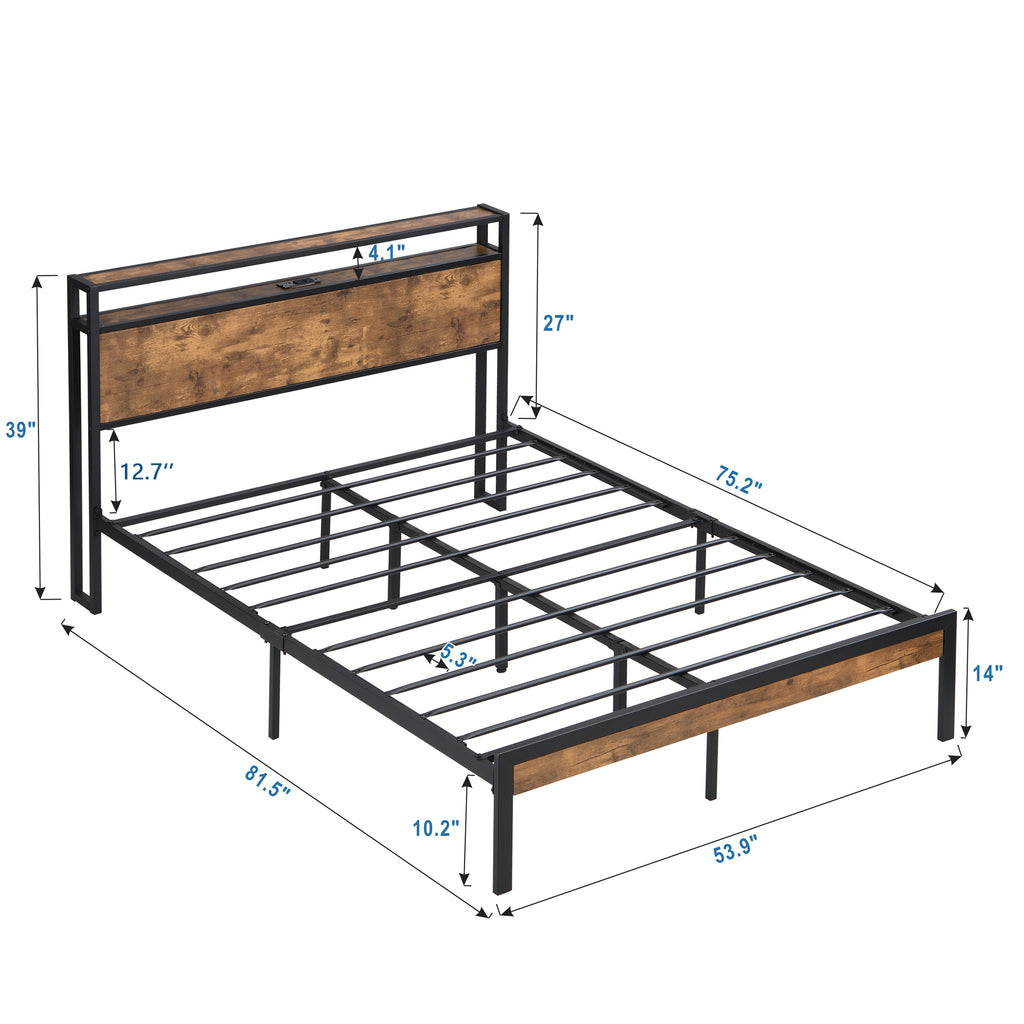 Leoglint Full Size Metal Platform Bed Frame with Wooden Headboard and Footboard with USB LINER, No Box Spring Needed, Large Under Bed Storage, Easy Assemble