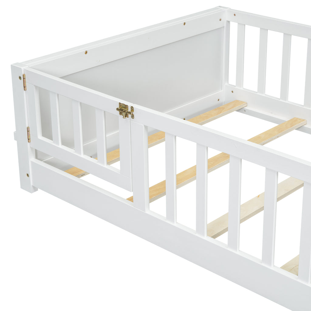 Leoglint Twin size Floor Platform Bed Frame with Built-in Book Storage Rack, Door,White