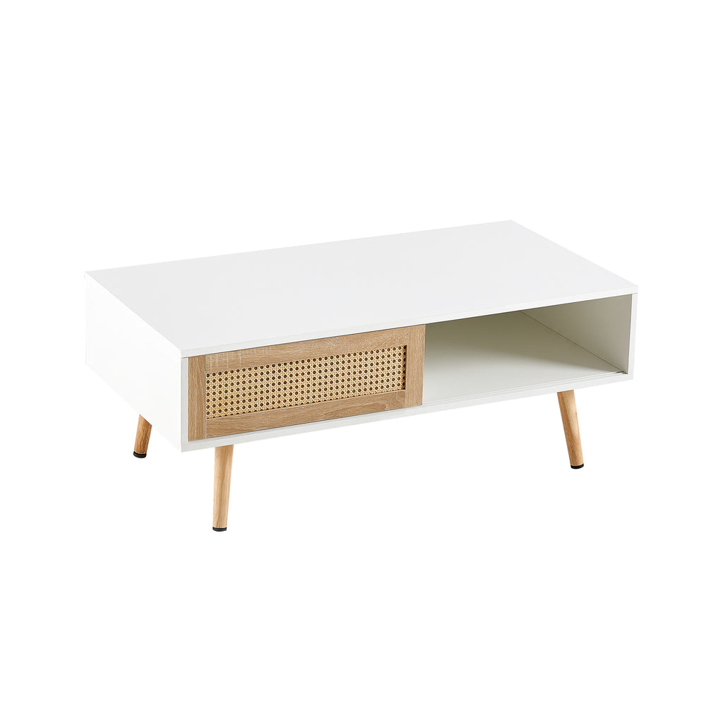 Leoglint 41.34" Rattan Coffee table, sliding door for storage, solid wood legs, Modern table  for living room ,White