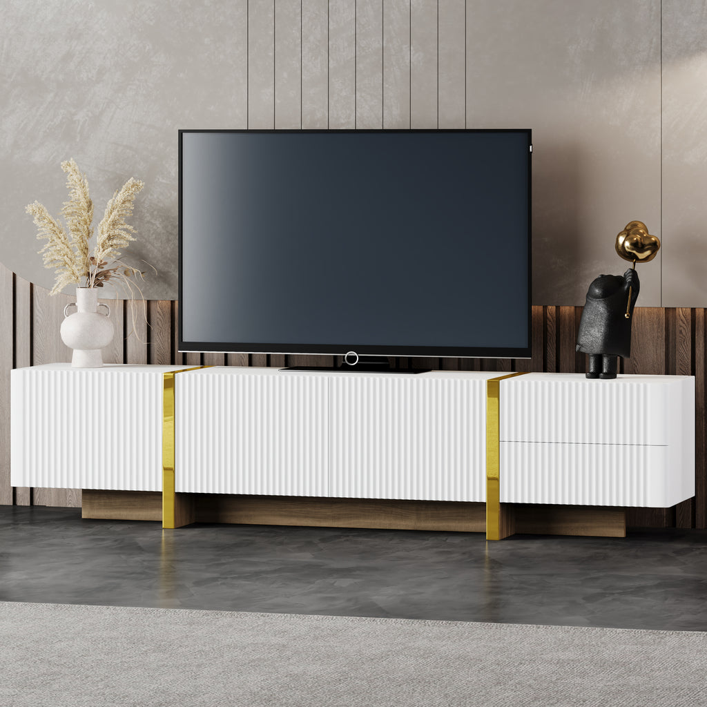 Leoglint ON-TREND Luxury Fluted TV Stand for TVs Up to 80'', Modern Entertainment Center with Storage Cabinets & Drawers, Smooth Media Console with Golden Wood Grain Legs for Living Room, White