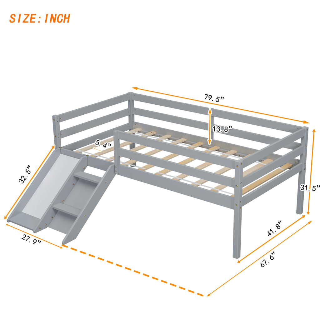 Twin Low Loft Bed Frame with Slide,  Ladder, Safety Guardrails, No Box Spring Needed,Grey